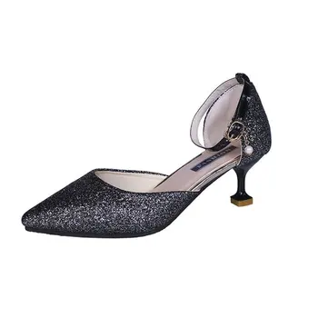 

2019 autumn new fashion simple solid color high heels women sequins decorative pointed toe casual high heels