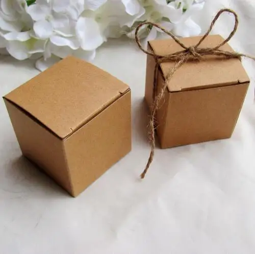 Free shipping 100pcs/lot Square Kraft Paper Box With Jute Tie Gift Candy Boxes Wedding Party Favor 5*5*5cm | Дом и сад