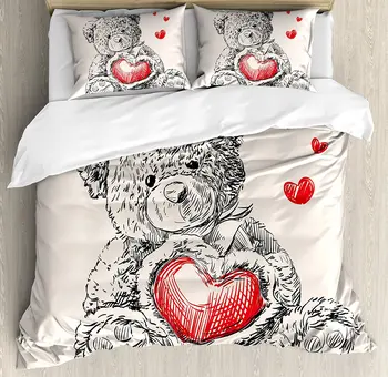 

Doodle Duvet Cover Set Detailed Teddy Bear Drawing with Heart Instead of a Belly Mini Floating Hearts Bedding Set Red Black
