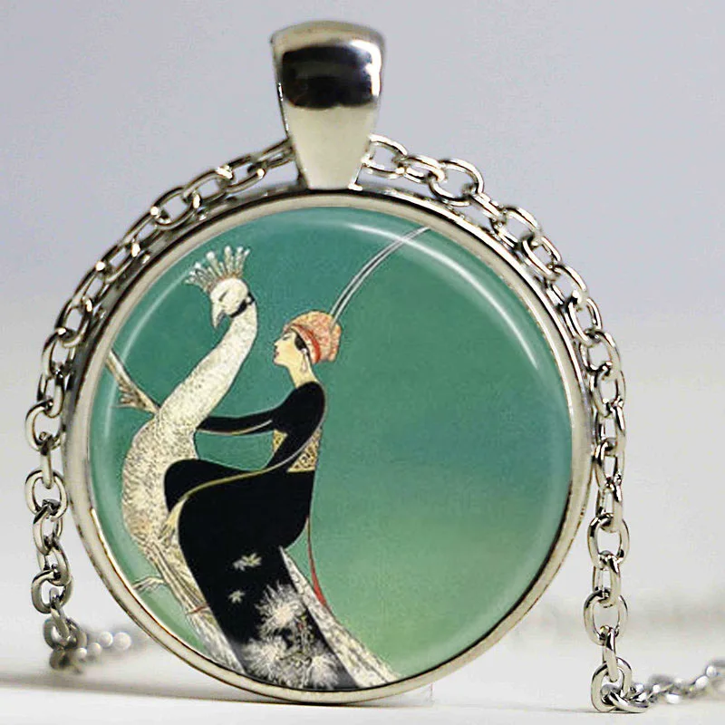 Art Deco Jewelry Woman on White Peacock Green Necklace Pendant | Украшения и аксессуары