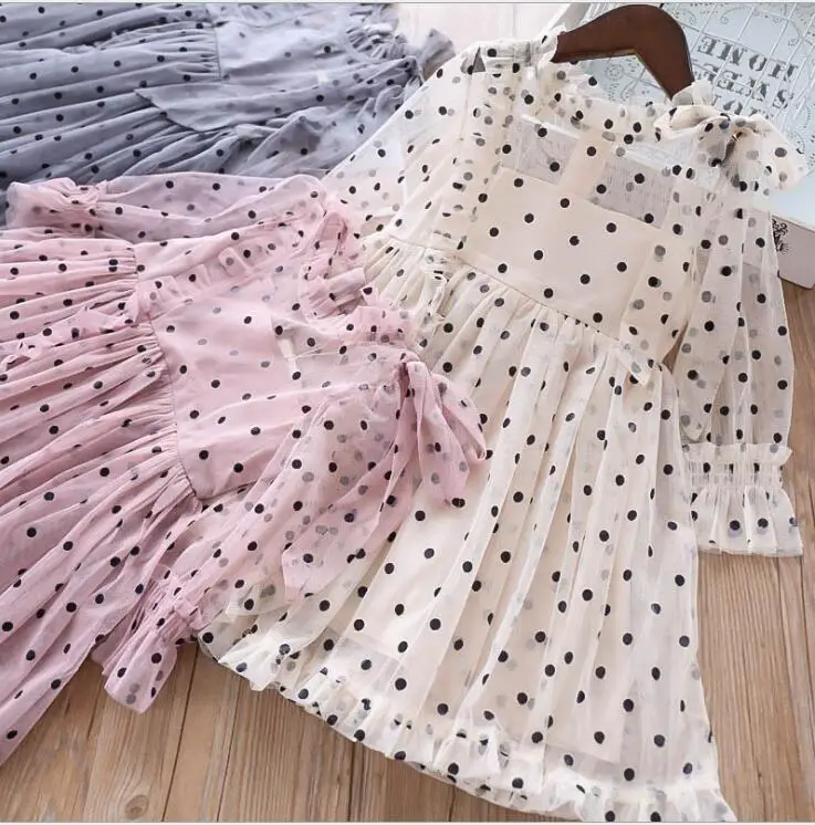 

2019 Spring Children Girls Fashion Dot Bow Mesh Long Sleeve Dresses, Princess Elegant Dress 5 pcs/lot,Wholesale