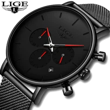 LIGE Top Brand Men Full Steel Mesh Quartz Watch Men Waterproof Sports Watches Fashion Multi-function Chronograph Black Relogio
