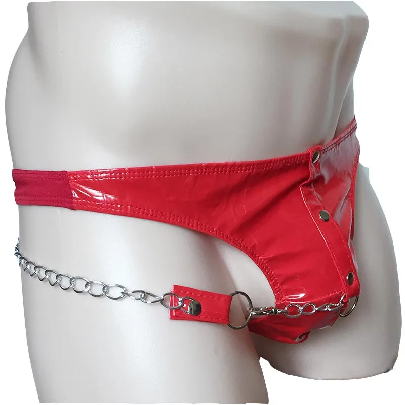 Men Wet Look PVC Leather Chained G-string Lingerie Briefs Thong Underwear Clubwear Fetish Wear Under Pants Outfit