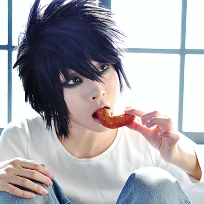 

High Temperature Cosplay Perucas Death Note L Lawliet  Anime Hair Cheap 35cm Short Stylish Black Synthetic Wigs