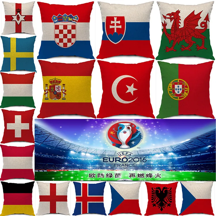 

Polyester Linen pillowcase European Football countries flags one side printed Pillow cover Linen Cushion Covers For Sofa/Car/Bed