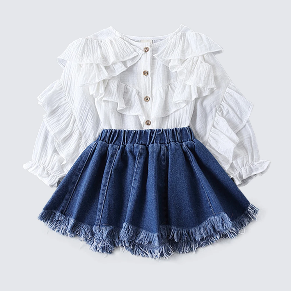 

welaken Baby Girls Clothing Sets Ruffles Design Fashion Blouses + Tassel Skirts 2pcs for Toddler Children Kids Sets for Girls