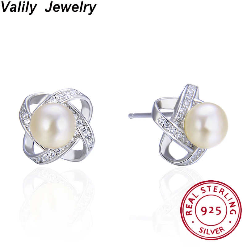

Valily 925 Sterling Silver Earrings Zircon Fresh Water Pearl Earrings Twist Luxury Stud Earrings For Women brincos pendientes