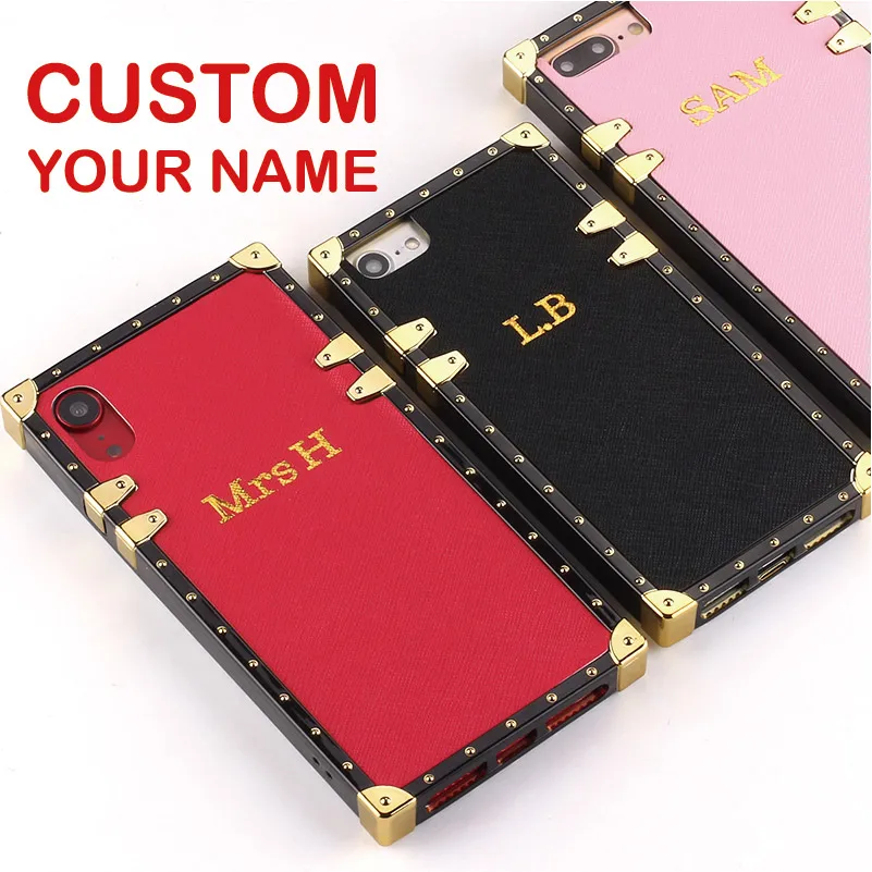 

Personalized Leather Trunk Case Stamping Emboss Gold Custom Name Text Clear Phone Case For iPhone 6S XS Max XR 7 7Plus 8 8Plus X