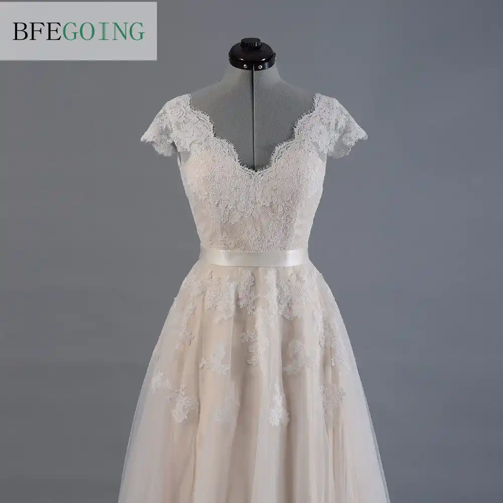 lace a line wedding dress with cap sleeves