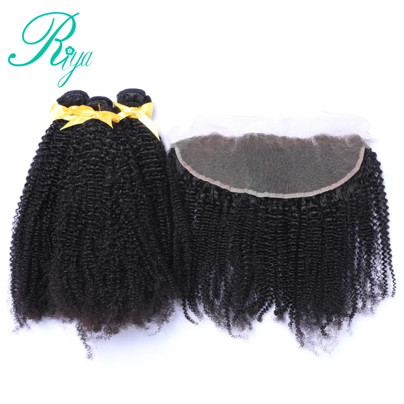 

Mongolian Afro Kinky Curly Hair Weave With Frontal 4 Pcs/Lot 3 Bundles Human Hair With 13x4 Lace Closure Riya Hair Remy Hair