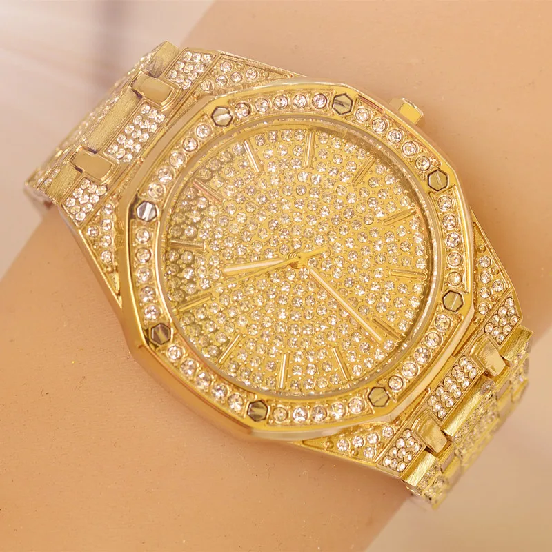 Часы для мужчин и женщин, браслет с кристаллами, Золотой/посеребренный большой циферблат, Нежные мужские и женские блестящие Кварцевые наручные часы, часы