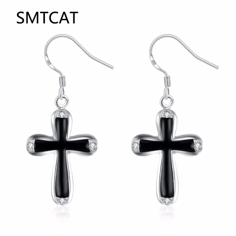 SMTCAT Black Enamel Cross Earrings Christian Ear Jewelry Silver Color