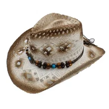 Летняя мужская соломенная ковбойская шляпа в стиле панк с бусинами и веревкой, мужские кепки с широкими полями, женские солнцезащитные шляпы в стиле вестерн пастушка