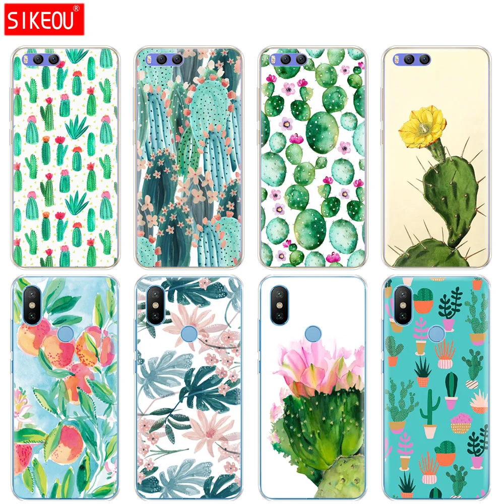 Силиконовый чехол для Xiaomi Mi 8 8SE A1 A2 5 5S 5X 6 Mi5 MI6 NOTE 3 MAX Mix 2 2S Green Cactus flower design | Мобильные