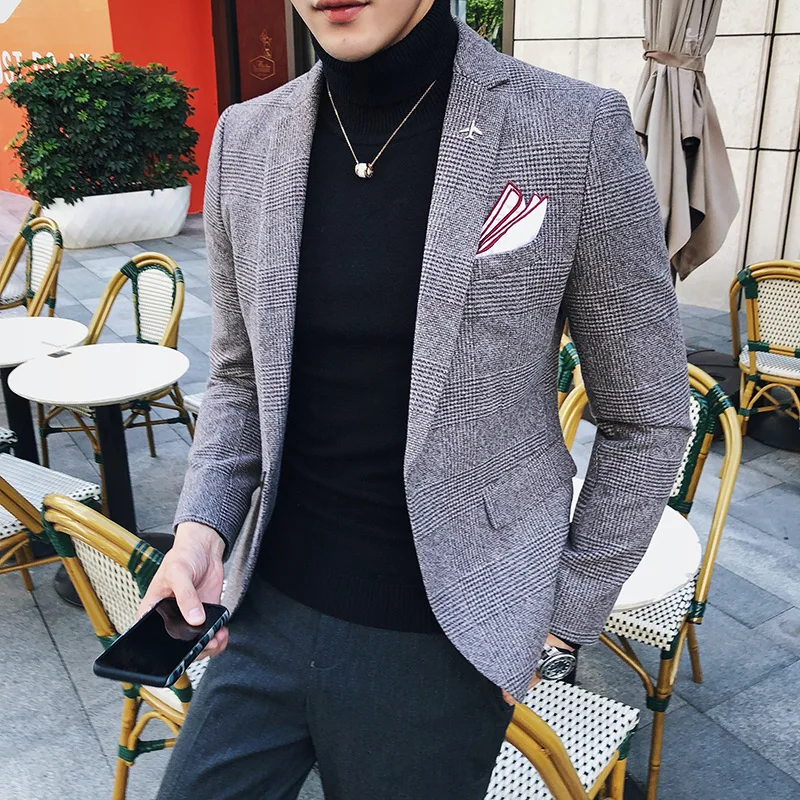 2019 autumn men's casual suit Korean version of the self-cultivation small suit business youth handsome plaid trend single coat