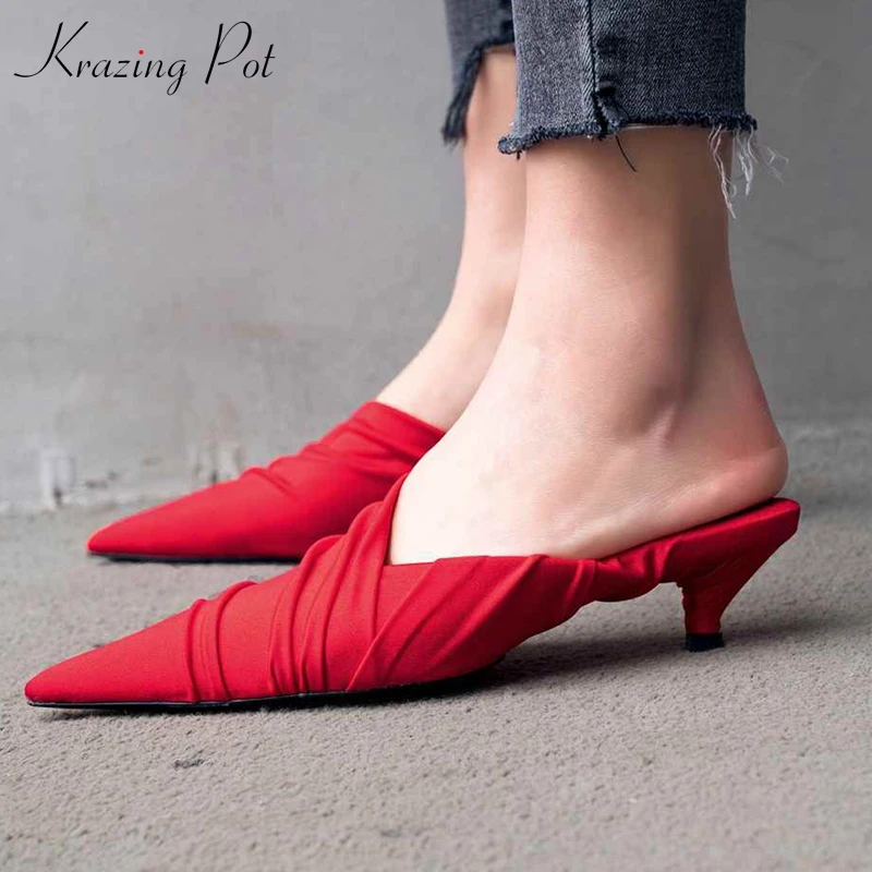 

Krazing Pot mules silk natural leather pointed toe stiletto med heel slip on summer oriental vintage design elegant pumps L68