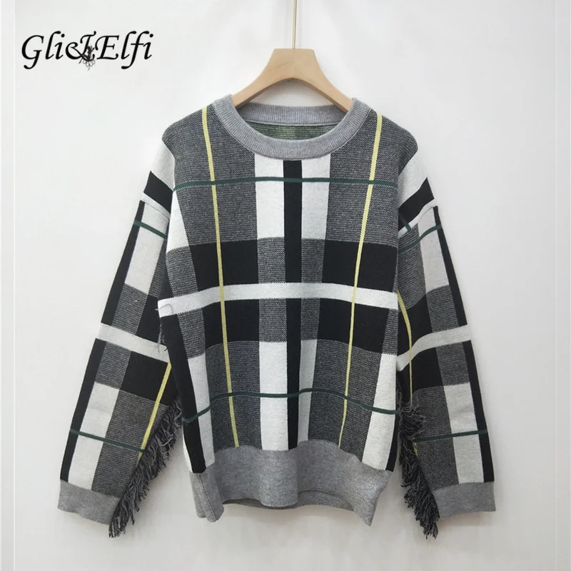 

Women Pullover Sweater Plaid Jacquard 2018 Autumn Winter Long Sleeve Tassel Knitted Tops Jumper Pullover Warm Wool Knitwear