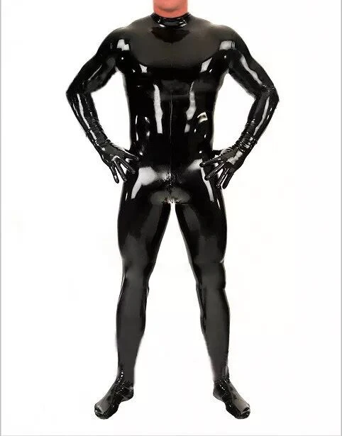 Латексный костюм кошки Мужское боди Zentai с перчатками носки молния сзади вечерняя