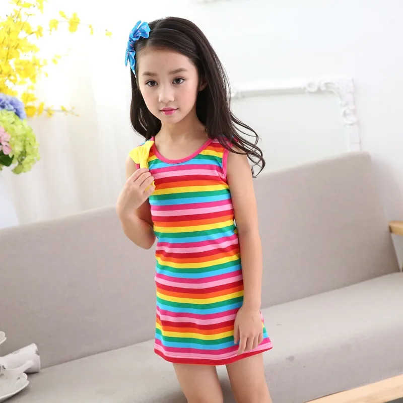 Новое Детское летнее платье из чистого хлопка для девочек Радужный жилет без рукавов платье на подтяжках для девочек От 3 до 12 лет