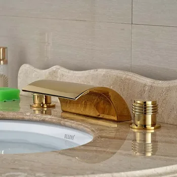

Two Handles Deck Mounted Golden Brass Waterfall Basin Faucet