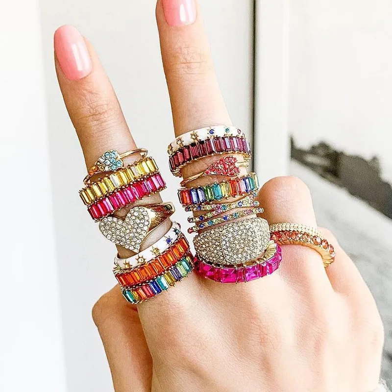 

Women Copper Thin Gold Gear Ring Line Micro Pave CZ Eternity 11 Colors Stack Rainbow cz Women Zircon T Ring