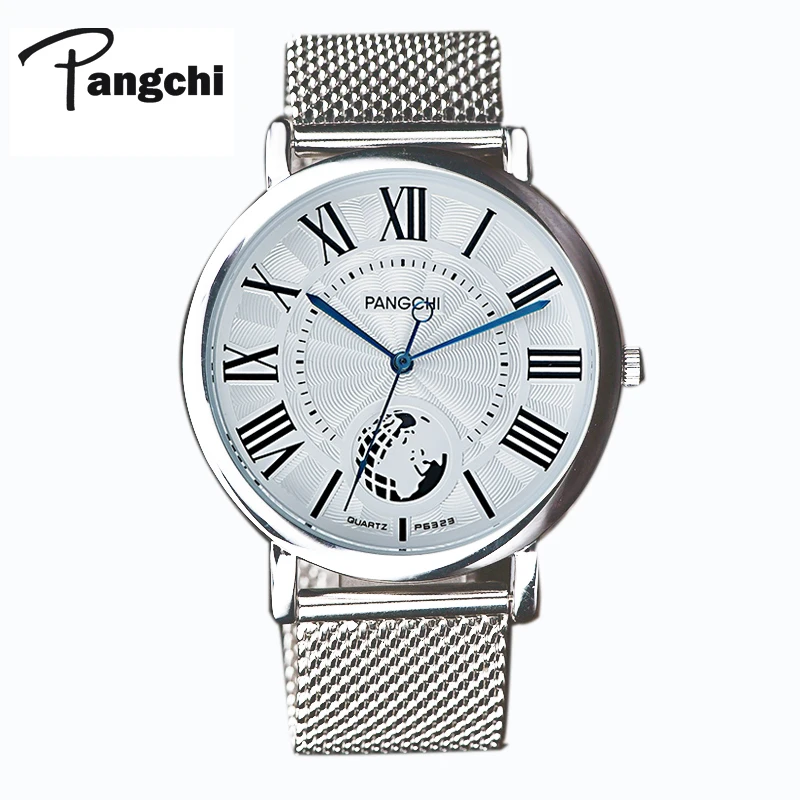 Best Quality  PANGCHI Sliver Mesh Stainless Steel Men Woman Casual Waterproof Quartz Watches Couple Wristwatches 