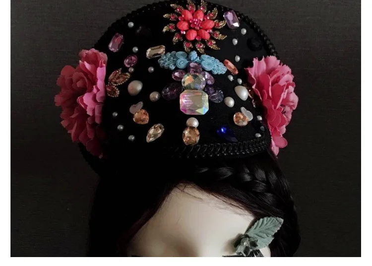 Женский головной убор для косплея, цветок, стразы, жемчуг, бусина, головной убор, Китайская национальная старинная шапка-скафандр, свадебная голова, аксессуары для волос