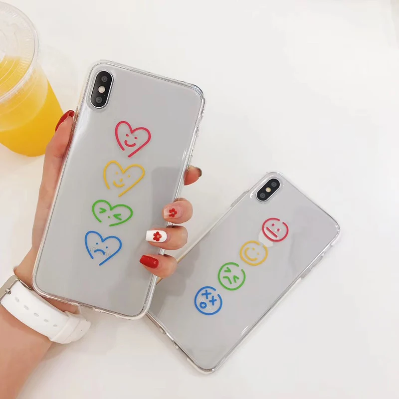 

INS Korea super fire color smiley love heart phone case For iphone Xs MAX XR X 6 6s 7 8 plus funny pattern clear oft TPU Cover