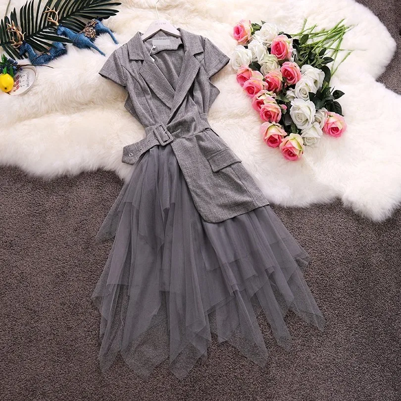 

TAOVK Female Summer Solid Color Notched Collar Short Sleeve Stitching Mesh Irregular Dress