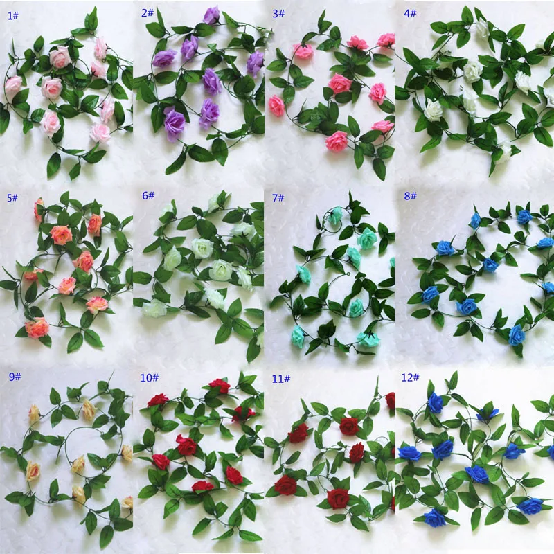 

hot sale Silk Roses Vine with Green Leaves For Home Wedding Decoration Fake leaf diy Hanging Garland Artificial Flowers