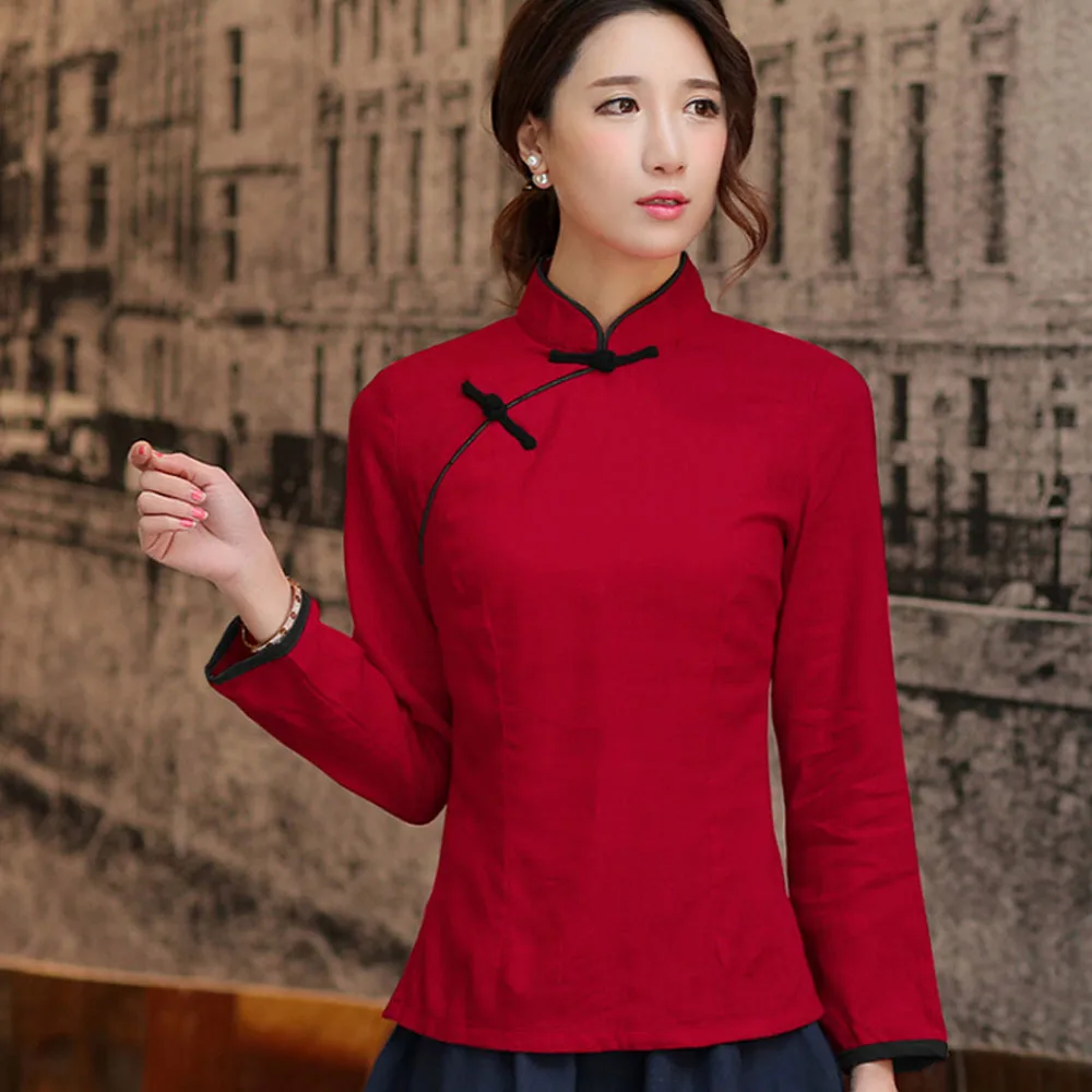  2019 Summer Casual Chinese Style Women Linen Blouse Shirt Plus Size 3XL Red White Long Sleeve Cloth