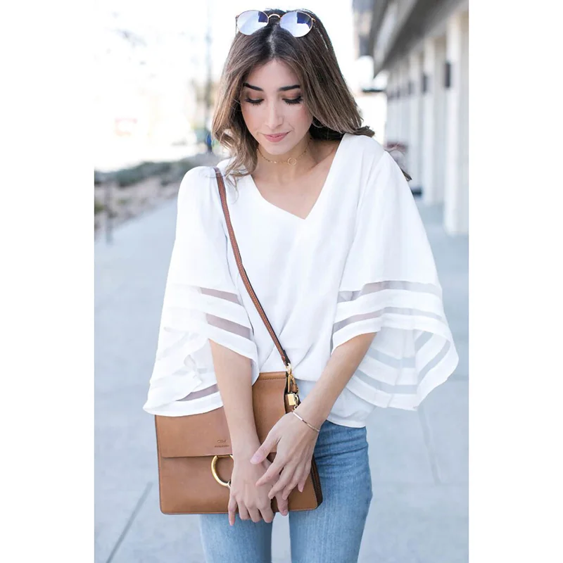 

Women Summer T-shirt V-neck Flare Sleeve T Shirt For Women 2019 Solid Casual Loose Short Sleeve Women's Shirts Female Tops Tees