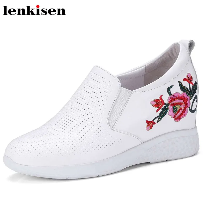 

Lenkisen chinese style fair embroider round toe lace up full grain leather high heels increased party women vulcanized shoes L01