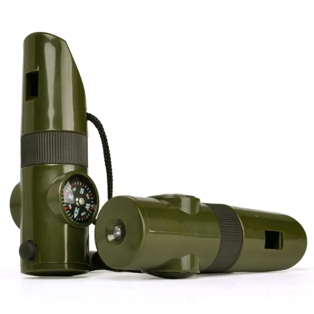 

7in1 Camping Survival Whistle Compass Thermometer Magnifier LED Flashlight Fire