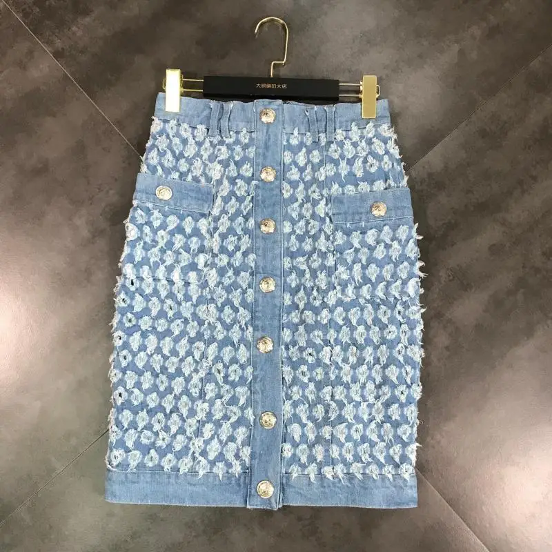 Летняя новая однобортная юбка с двойным карманом и металлической пряжкой и цветочным принтом джинсовая юбка
