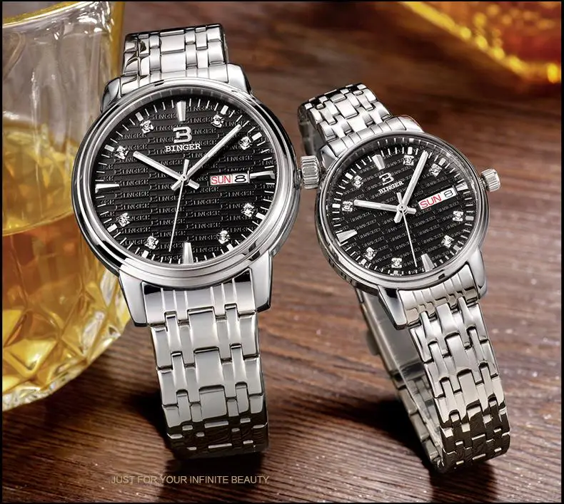 Швейцария Binger женские роскошные модные часы ультратонкие кварцевые glowwatch Полный нержавеющая сталь наручные B3036G-2