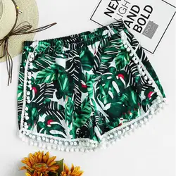 Горячая Короткие Для женщин летние Palm Leaf Print отделка помпонами шорты мини шорты Высокая Талия шорты с бахромой