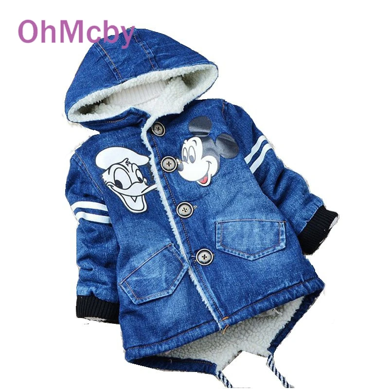 

OhMcby Winter Denim Thicken Jacket for Baby Kids Cotton Letter Print Hoodies Coat for Children Cartoon Tops Outwear Boys Clothes