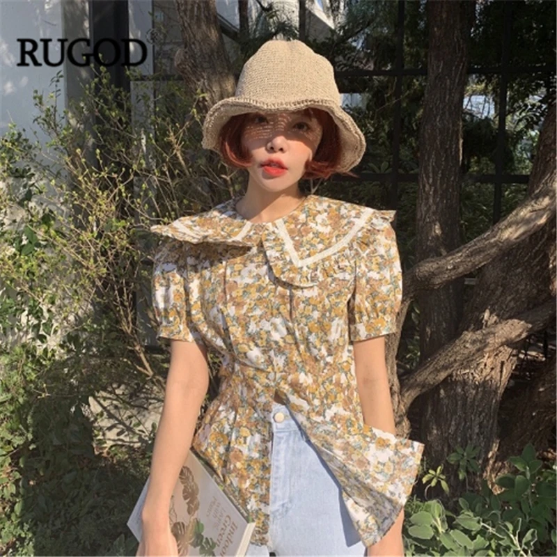 Женская блузка с цветочным принтом RUGOD летняя коротким рукавом и высокой талией в