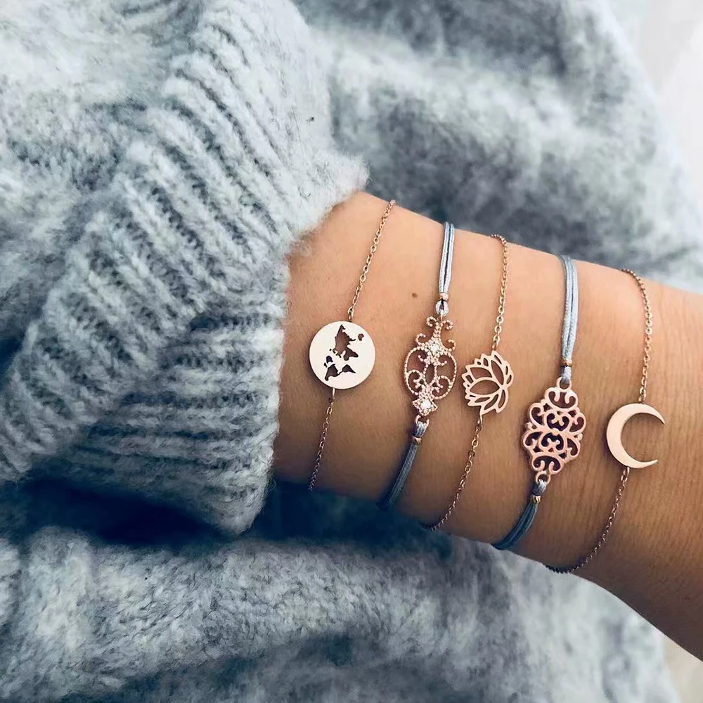 

5 Pcs/set Women Fashion Map Lotus Moon Geometric Crystal Leather Gold Bracelet Set Boho Charm Beach Accessories Party Jewelry