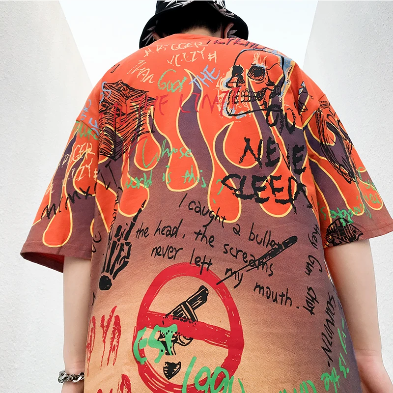 Новинка, летняя и весенняя футболка в стиле хип-хоп с изображением пламени и граффити, мужская и женская повседневная хлопковая рубашка большого размера с коротким рукавом