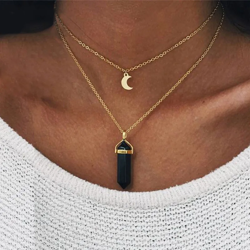 

New Style Double Layer Moon Pendant & Neckalce Bohemian Geometric Druzy Chain Necklaces For Women Boho Party Jewelry