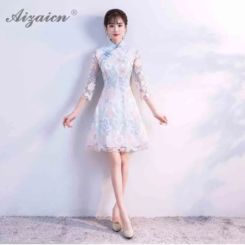 2019 летние модные короткие Cheongsam платья для женщин для китайское платье Qipao мини Восточный Стиль Тонкий Ци Пао Китай костюмы светло голубой