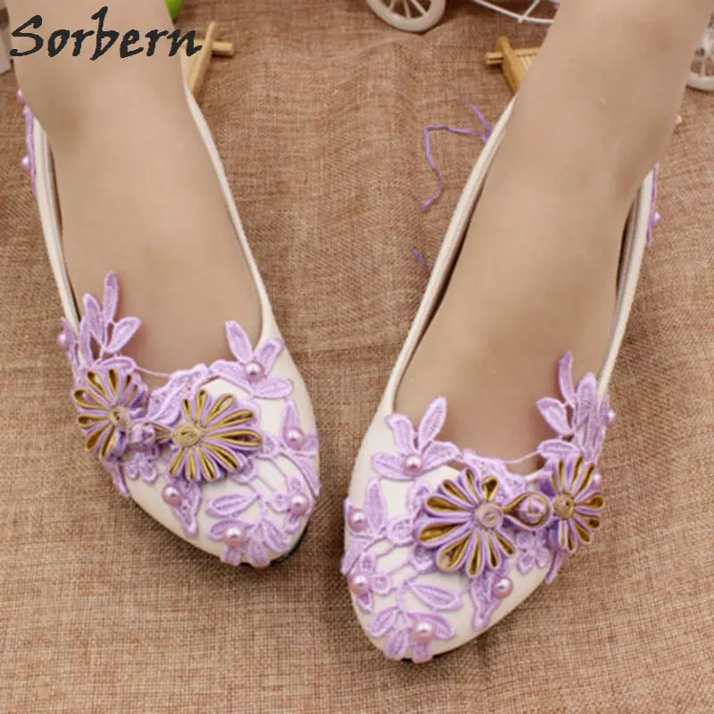 

Sorbern Purple Flower Lace Bridal Shoes 3Cm Low Heels Chinese Knot Ladies Shoes Pumps Bridesmaid Girls Shoes Slip On Women Heels