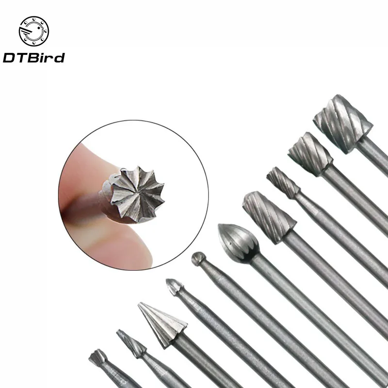 

10 Pieces 1/8 HSS Routing Router Drill Bits Set Dremel Carbide Rotary Burrs Tools Wood Stone Metal Root Carving Milling Cutter