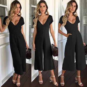 

Rompers 2018 New Brand Women Summer V-Neck Short Sleeve 2018 Button Jumpsuit Clubwear Wide Leg Playsuit Long Pant