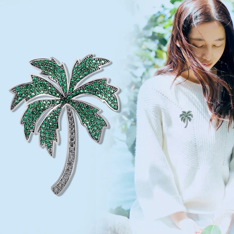 

High Quality New Brand Design Delicate Zircon Coconut Tree Enamel Brooch Pin Copper Metal Pins and Brooches For Women Jewellery