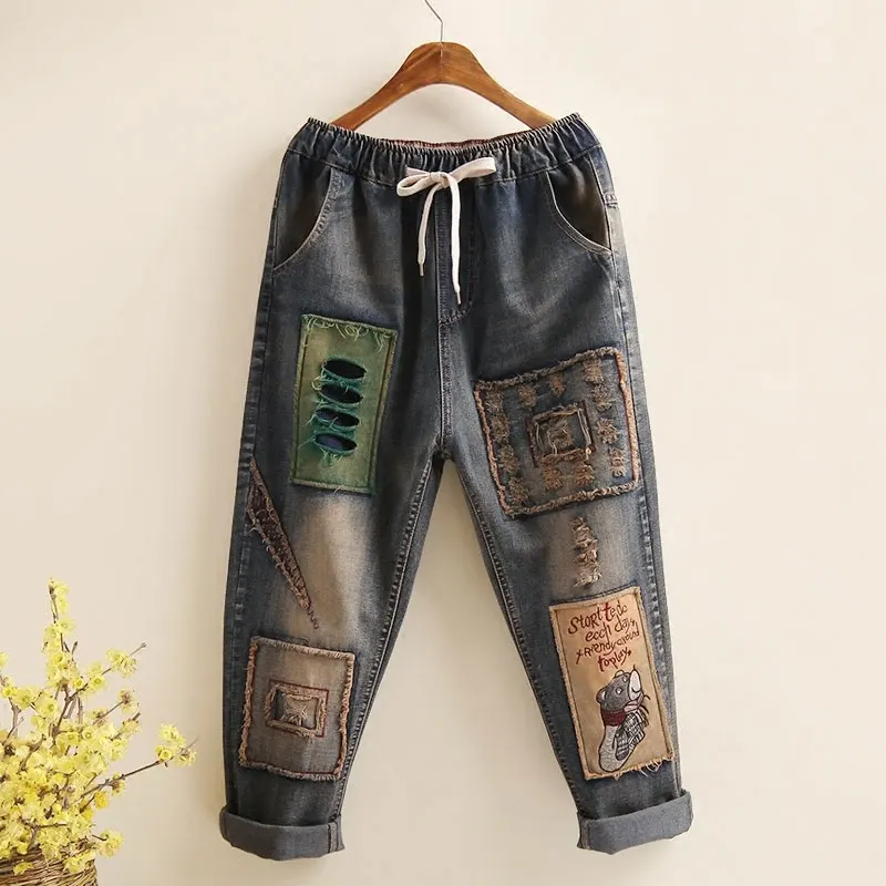 Art Style Patchwork Embroidery Loose Vintage Women Jeans Hole Design Elastic Waist All Cotton Denim Ladies Harem Pants D101 Art Style Patchwork Embroidery Loose Vintage Women Jeans Hole Design Elastic Waist All Cotton Denim Ladies Harem Pants D101