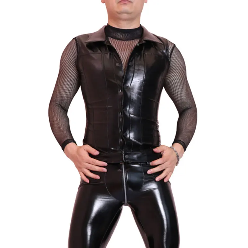 XXL Sexy Men Faux Leather Slim Vest Black PVC Shiny Jumpsuit Sexy
