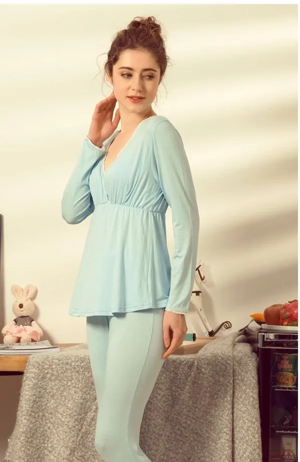 Модальная женская пижама для грудного вскармливания, осень, женская одежда для беременных, одежда для кормящих и кормящих мам, одежда для сна для женщин - Цвет: LB